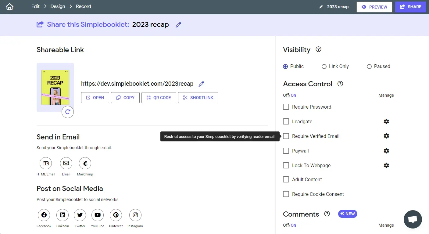 access controls you can set to manage a reader's access to your Simplebooklet