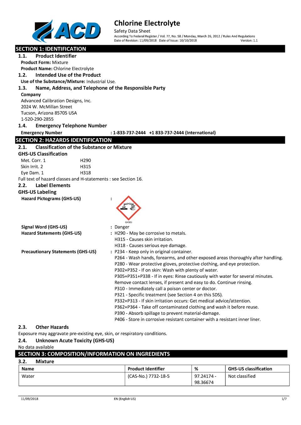 Chlorine Electrolyte SDS