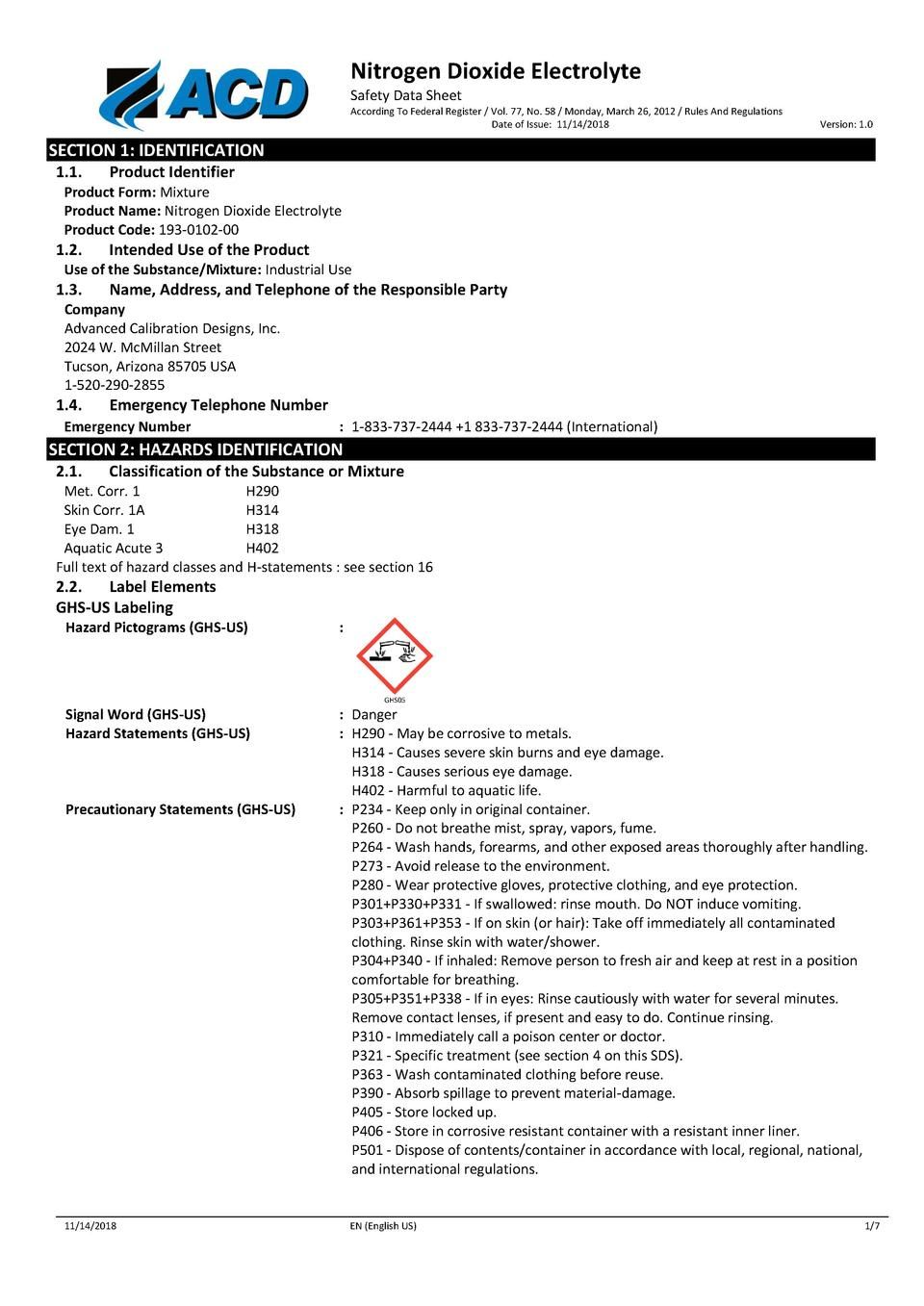 Nitrogen Dioxide Electrolyte SDS