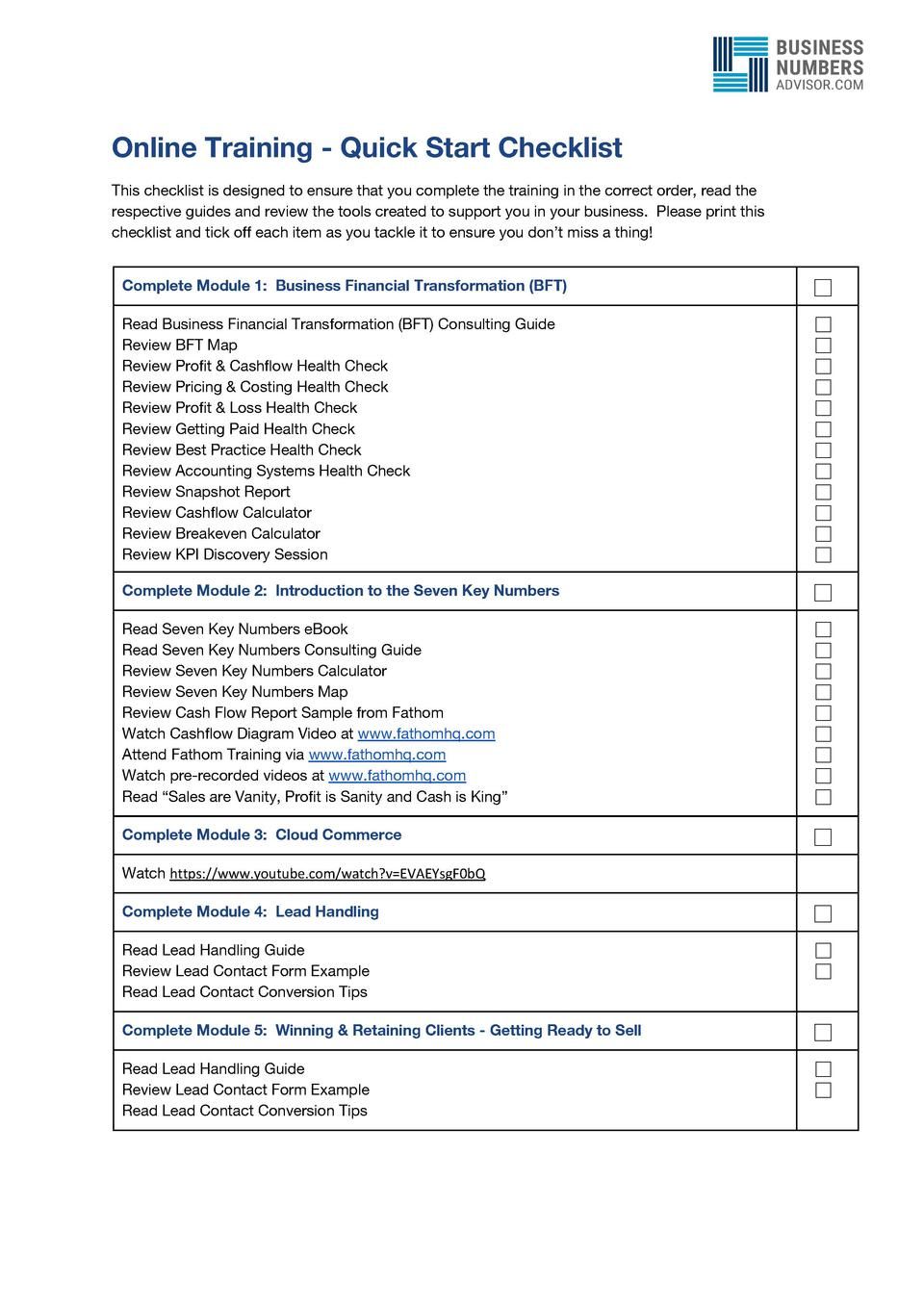 Quick start checklist