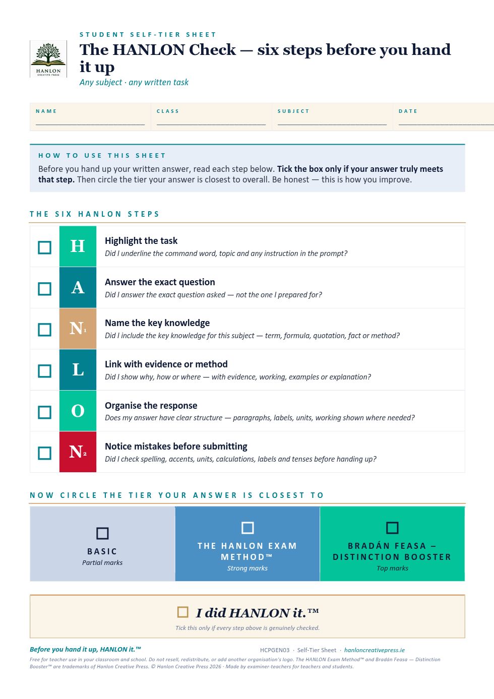 The HANLON Exam Method - For Students - Checklist
