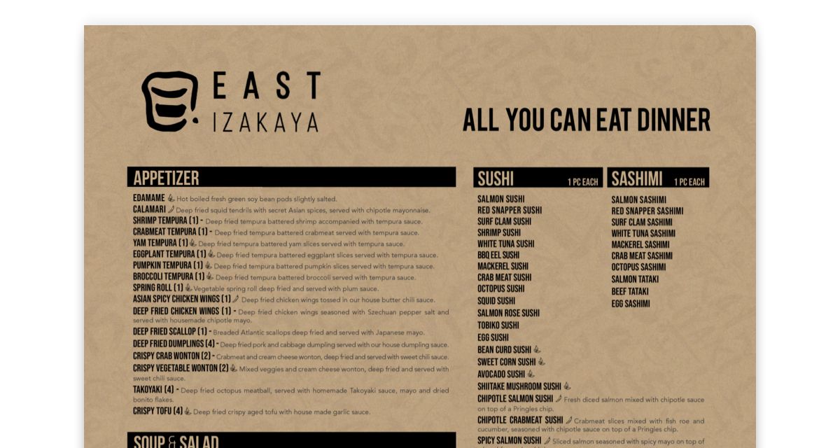 EAST IZAKAYA AYCE DINNER MENU : simplebooklet.com