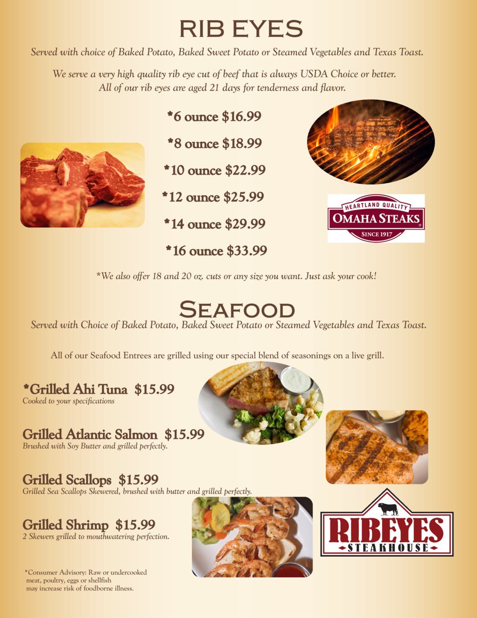 Ribeyes Dinner Menu Cape Cartere