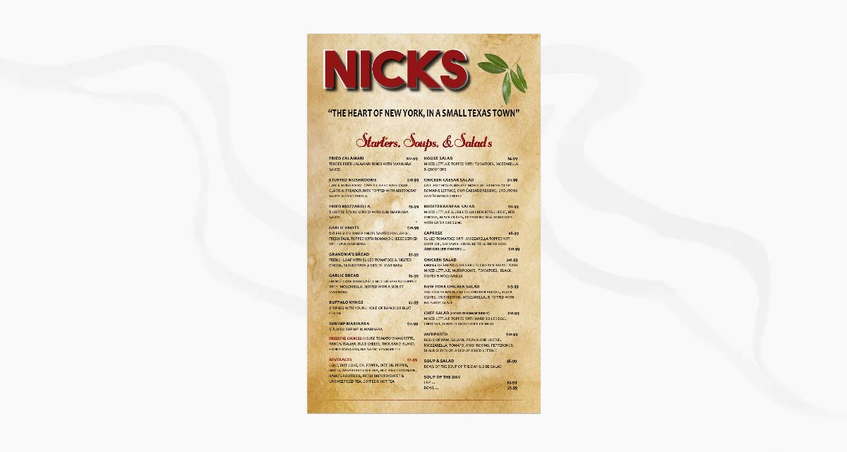 Nick's Italian Menu