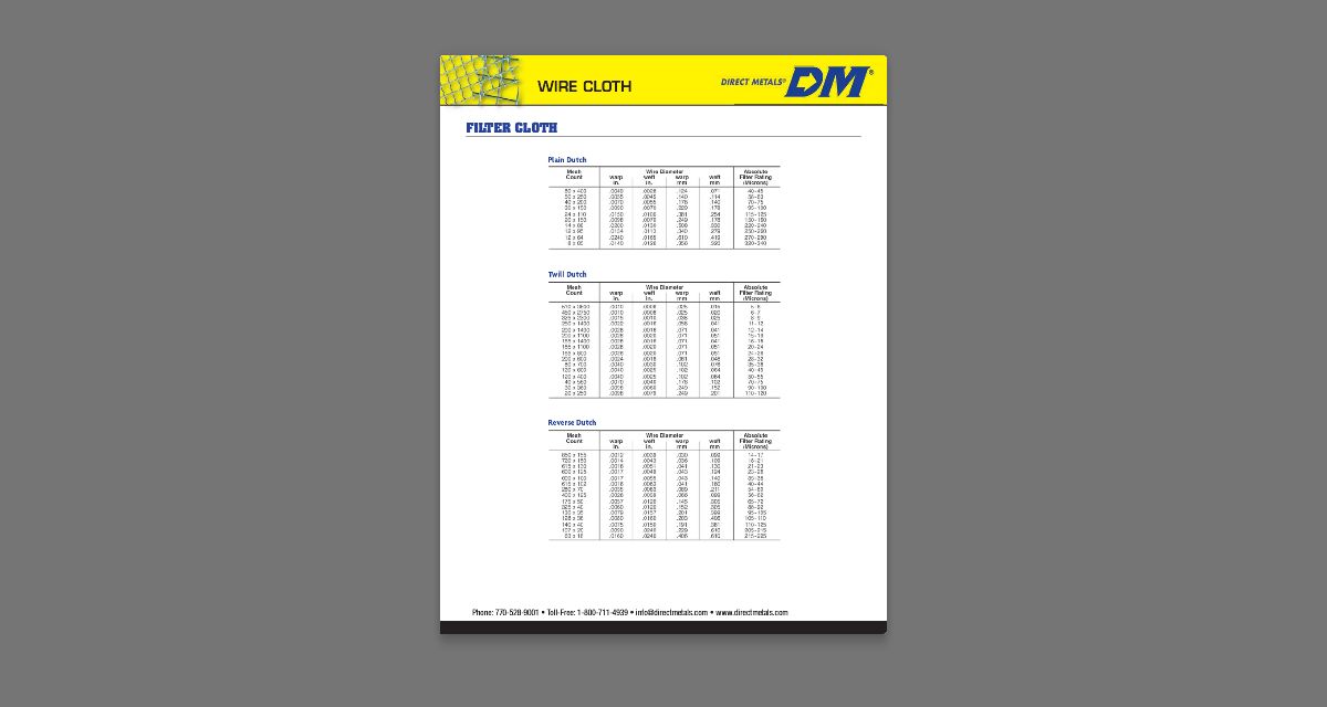 Filter Cloth Charts