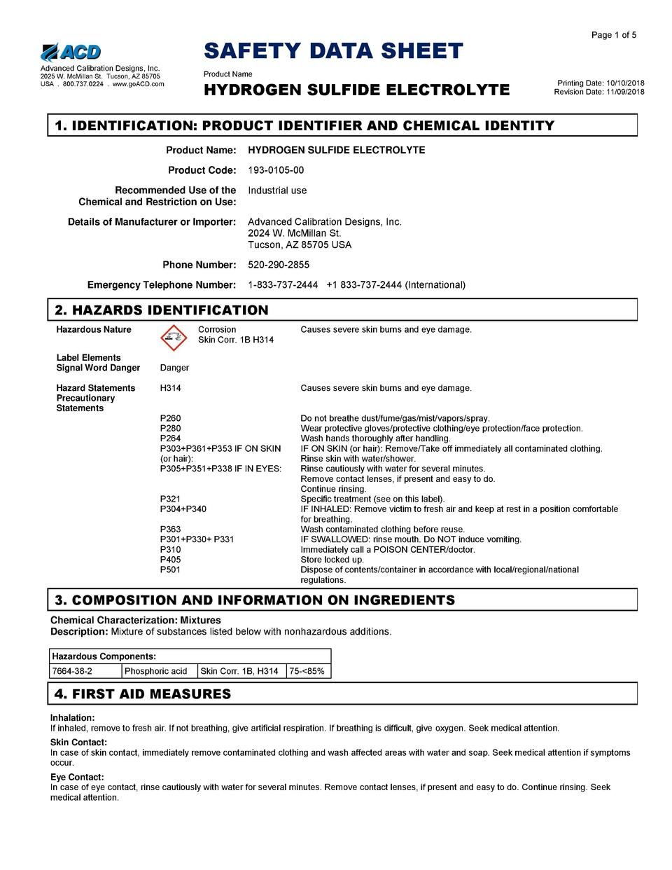Hydrogen Sulfide Electrolyte SDS