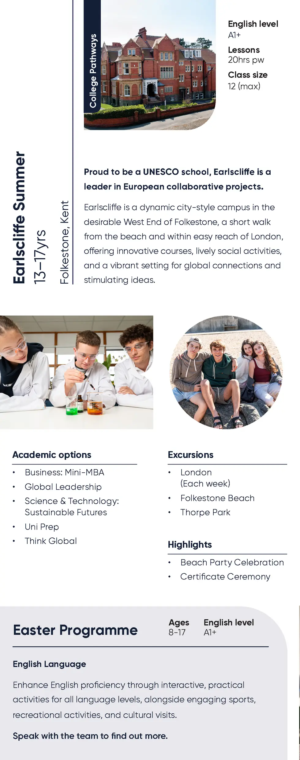 Lessons 20hrs pw Class size 12  max   Proud to be a UNESCO school, Earlscliffe is a leader in European collaborative proje...