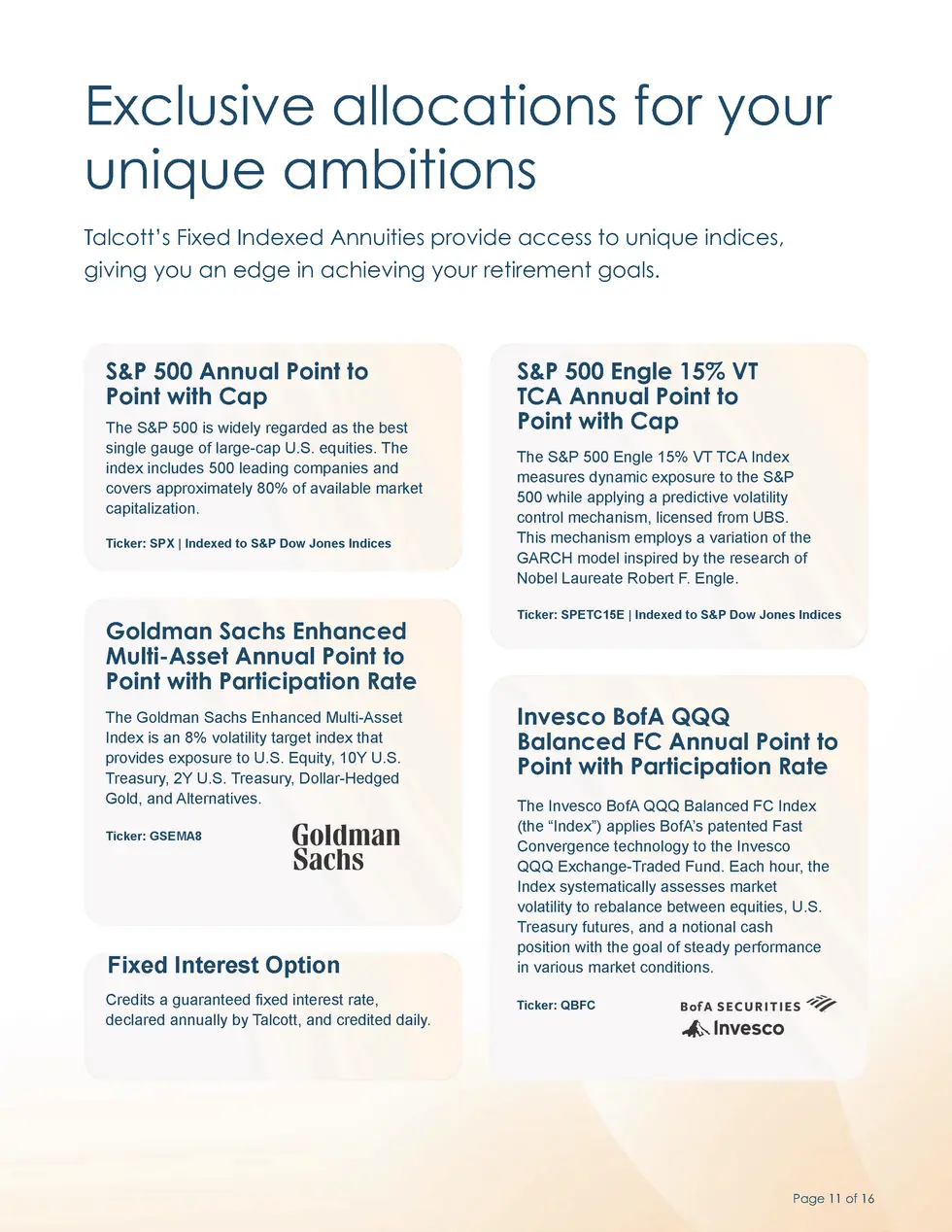 Exclusive allocations for your unique ambitions Talcott   s Fixed Indexed Annuities provide access to unique indices, givi...