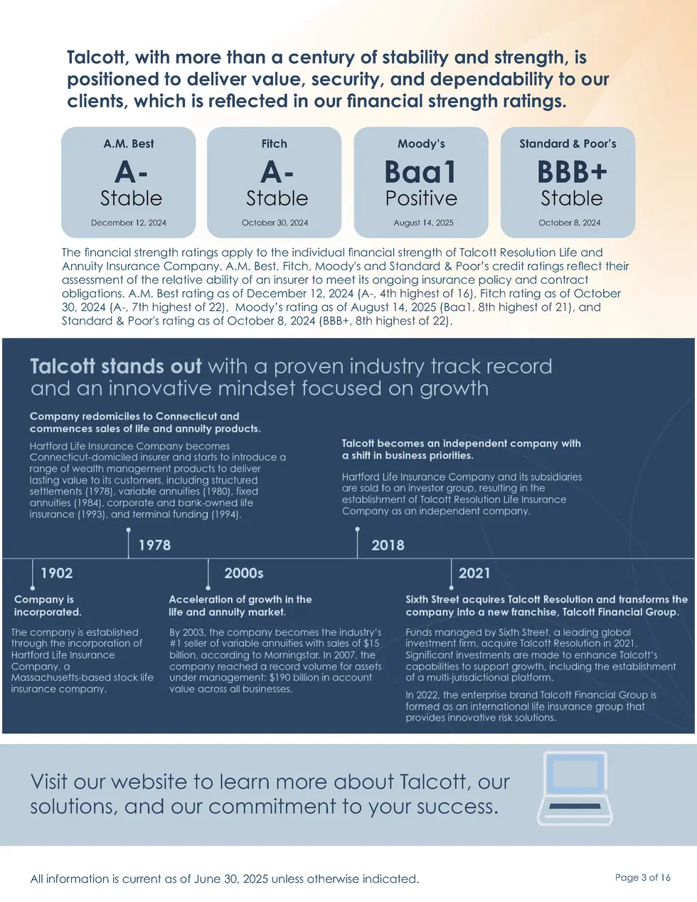 Talcott, with more than a century of stability and strength, is positioned to deliver value, security, and dependability t...