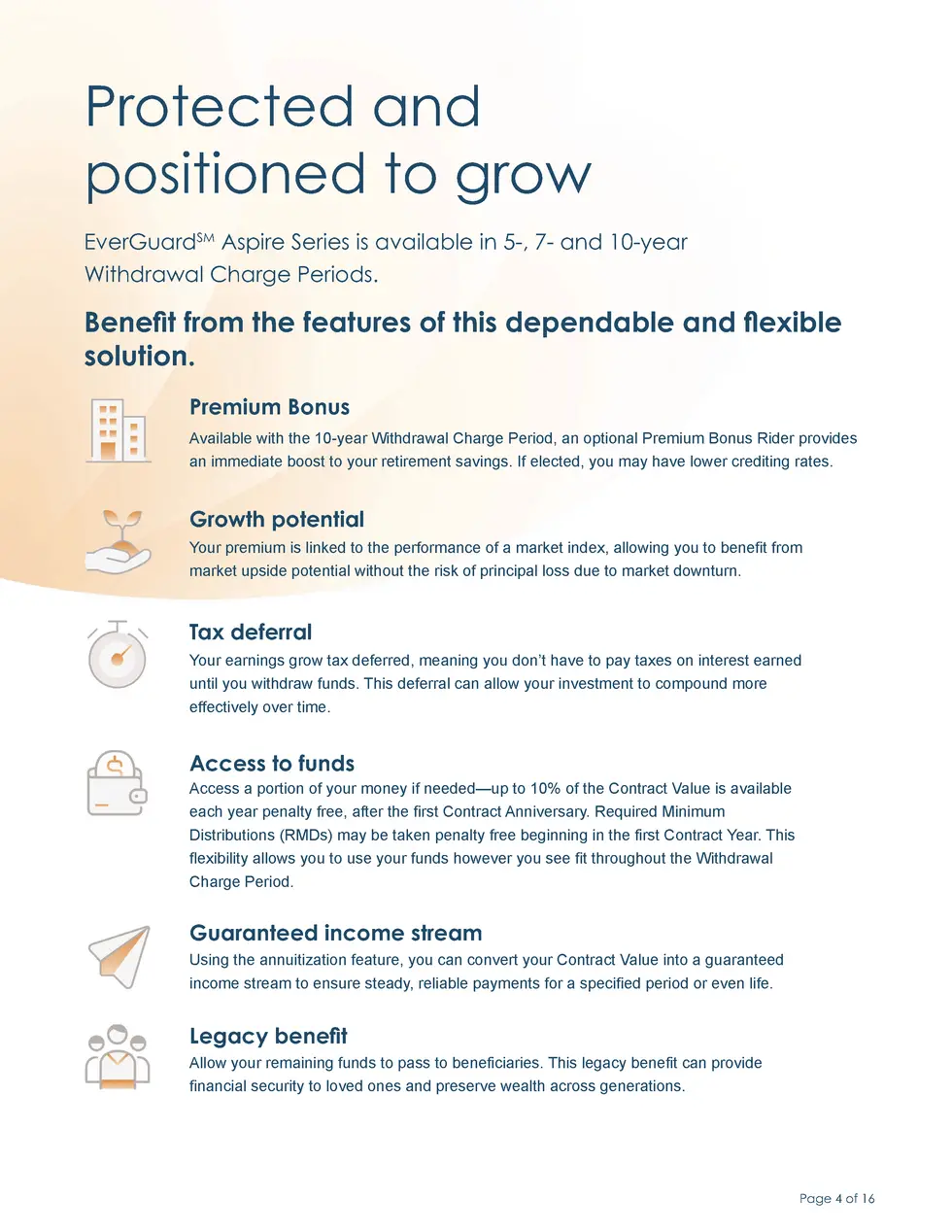 Protected and positioned to grow EverGuardSM Aspire Series is available in 5-, 7- and 10-year Withdrawal Charge Periods.  ...