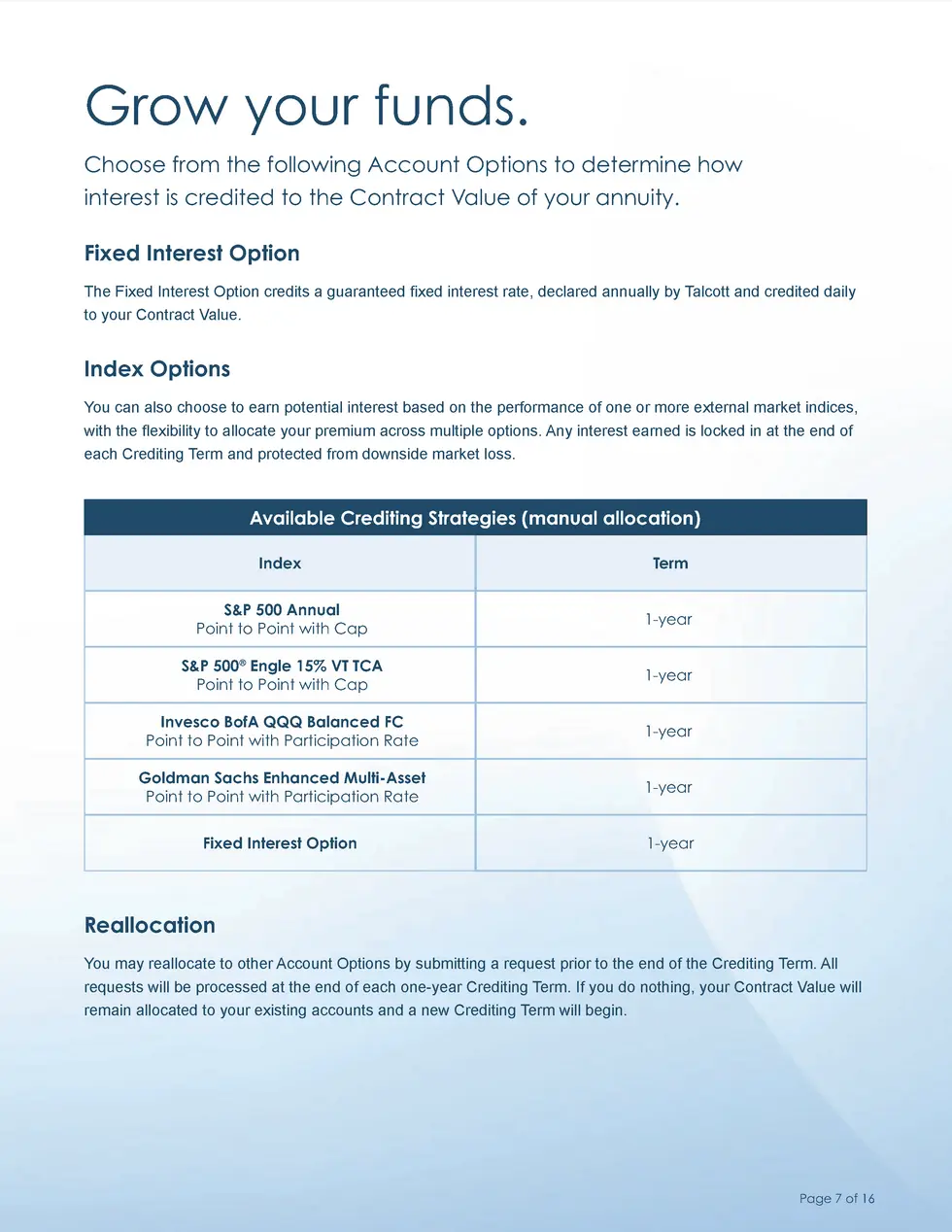 Grow your funds. Choose from the following Account Options to determine how interest is credited to the Contract Value of ...