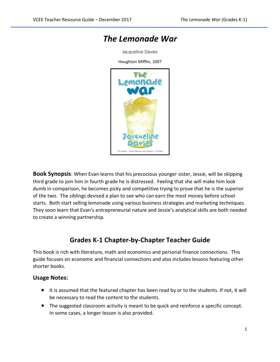 Lemonade War Teacher S Guide K 1 Simplebooklet Com