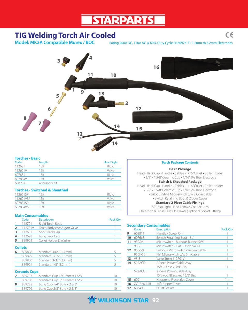 WP17 Torche TIG Weldcraft style 150 A DC 115 A AC 4 Mètre 8 mètre