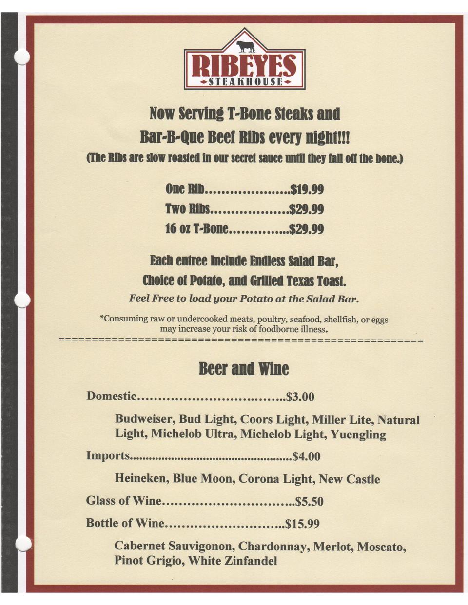 Snow Hill Dinner Menu