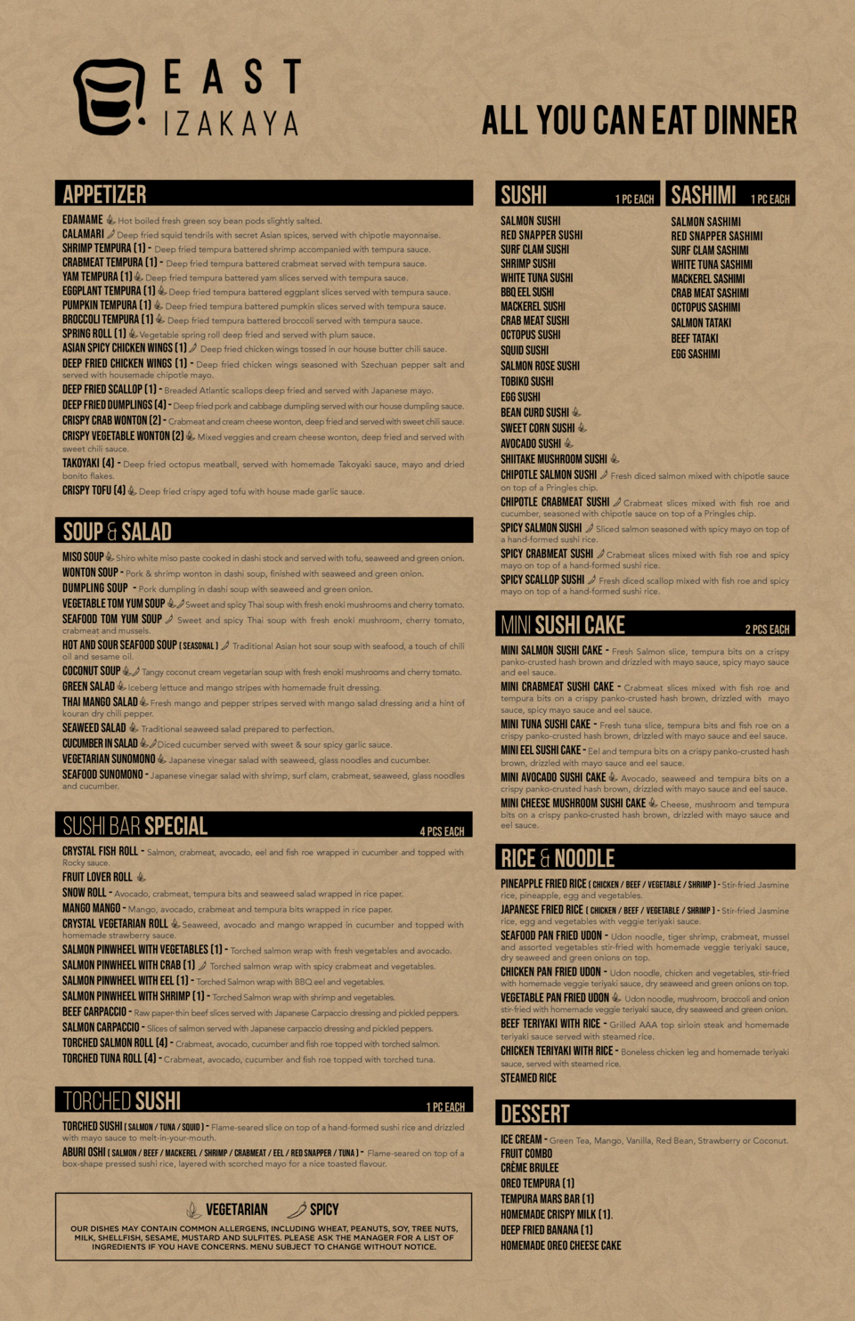 Eya Example Menu EAST IZAKAYA AYCE DINNER MENU : simplebooklet.com