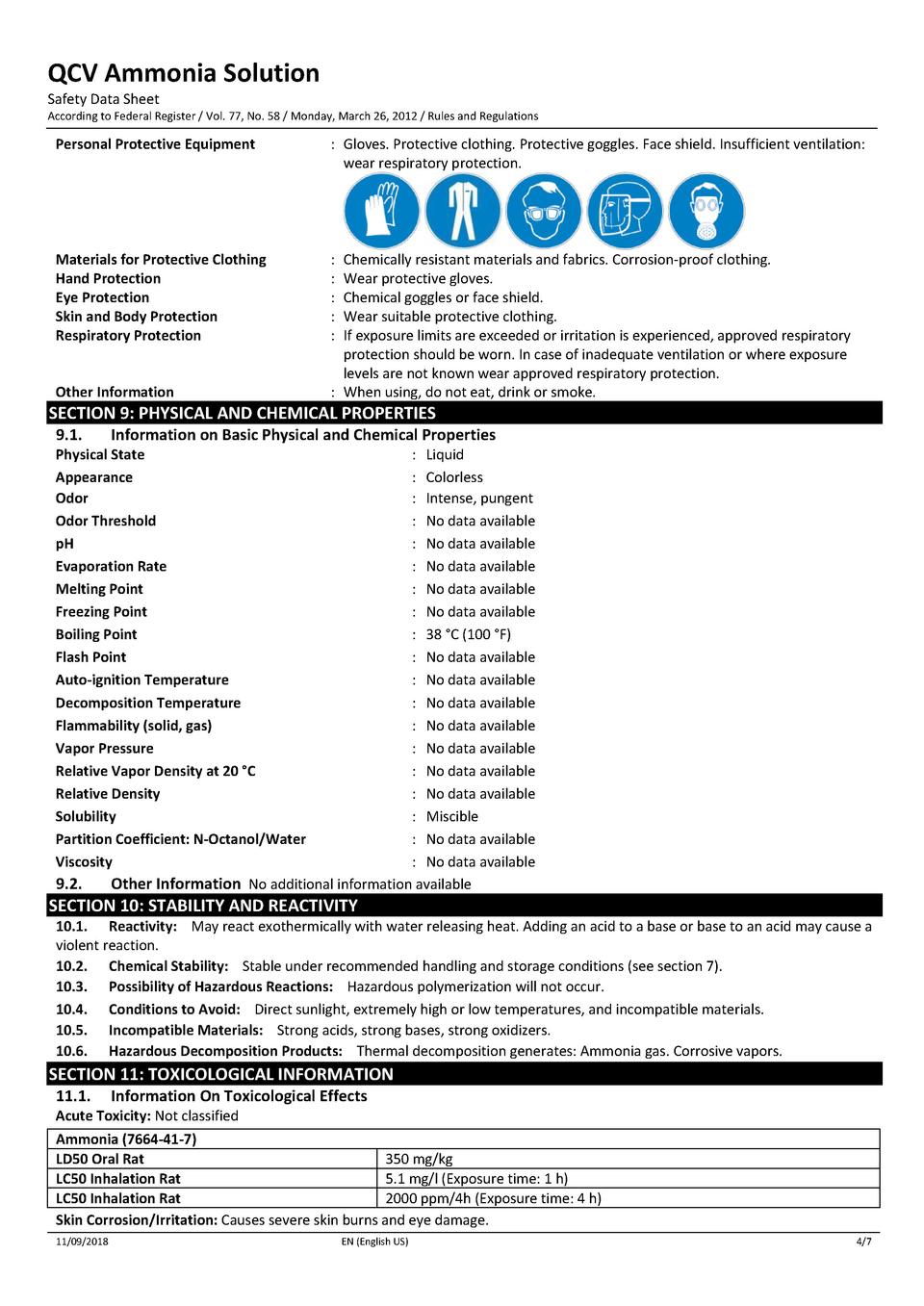 QCV Ammonia Solution SDS