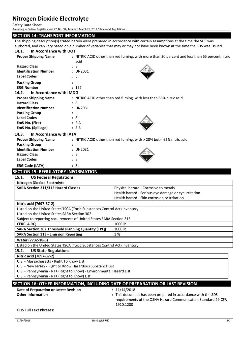 Nitrogen Dioxide Electrolyte SDS