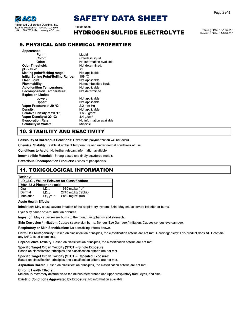 Hydrogen Sulfide Electrolyte SDS