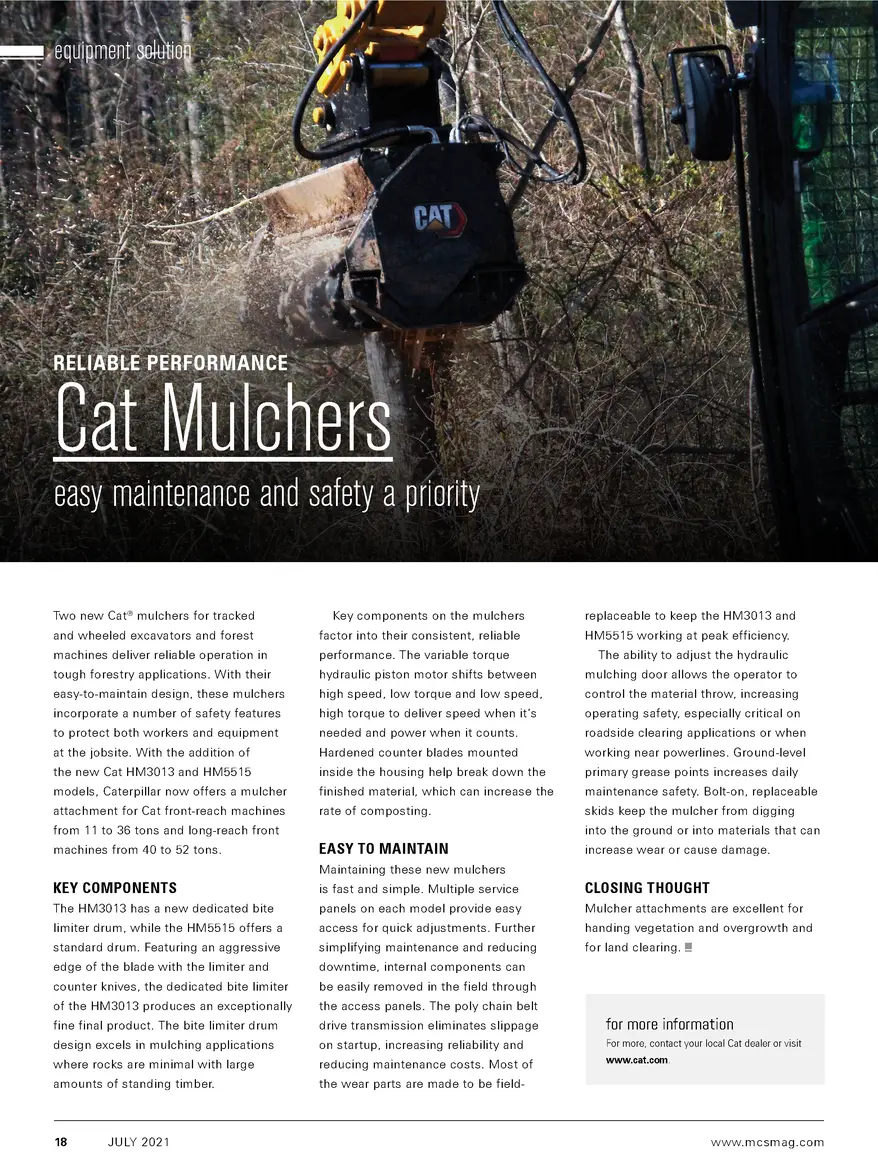 equipment solution  RELIABLE PERFORMANCE  Cat Mulchers  easy maintenance and safety a priority  Two new Cat   mulchers for...