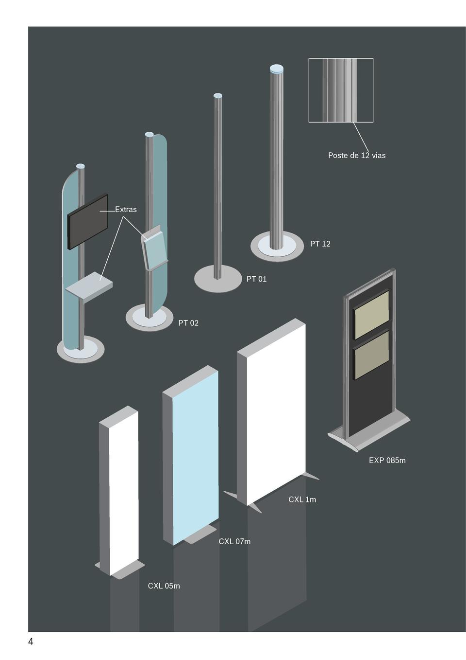 Expositores   Estruturas verticais com base Poste de 12 vias  Extras  Estruturas verticais de suporte com bases de apoio  ...