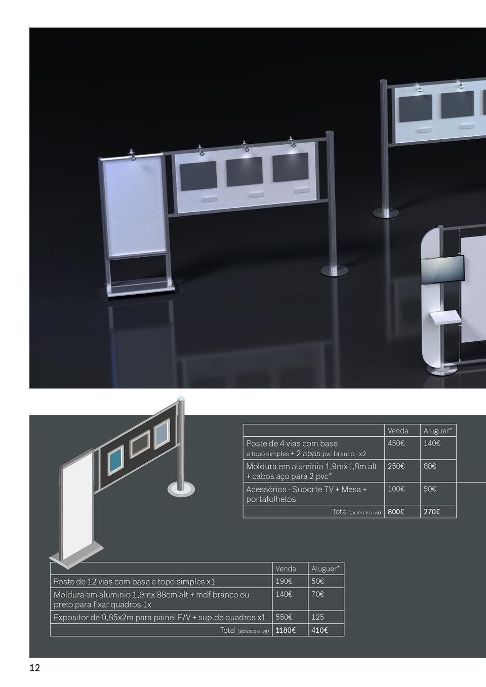 Venda  Aluguer   Poste de 4 vias com base e topo simples   2 abas pvc branco - x2  450     140     Moldura em aluminio 1,9...
