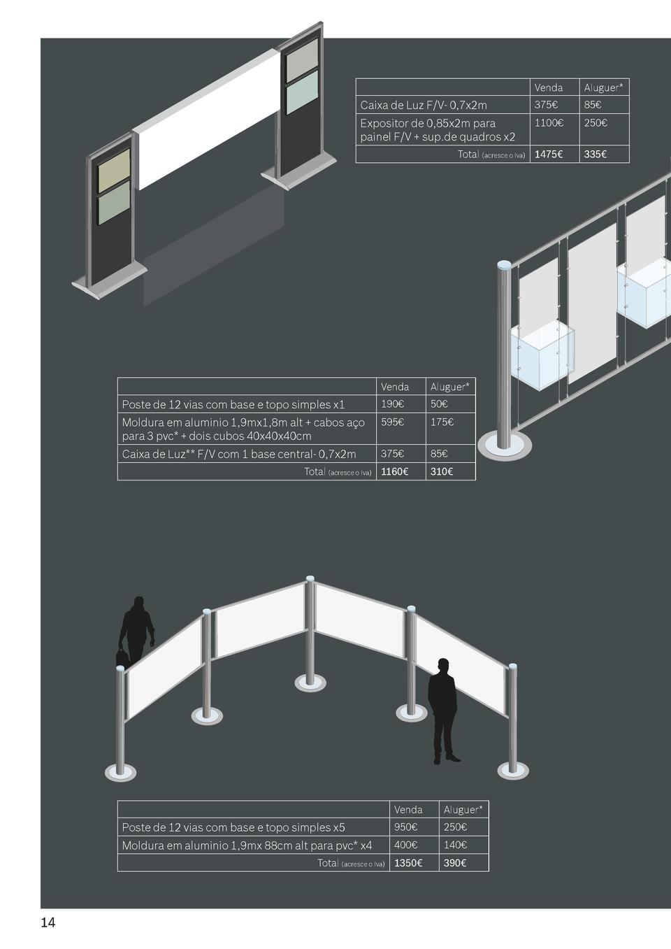 Venda  Aluguer   Caixa de Luz F V- 0,7x2m  375     85     Expositor de 0,85x2m para painel F V   sup.de quadros x2  1100  ...