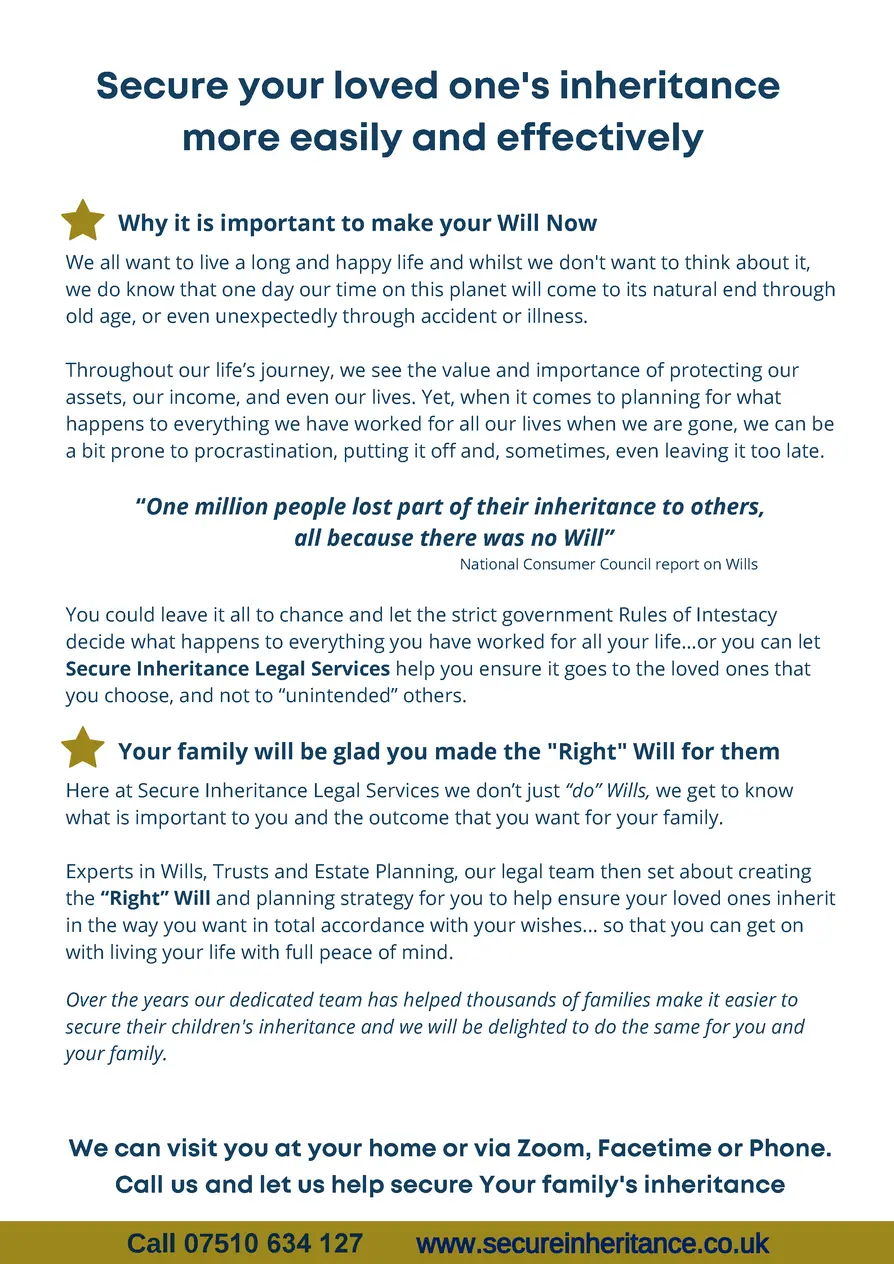 Secure your loved one s inheritance more easily and effectively Why it is important to make your Will Now We all want to l...