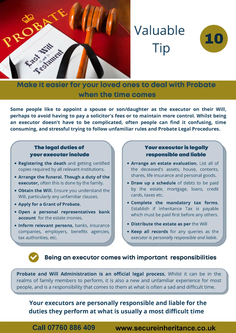    Valuable 10 Tip  Make it easier for your loved ones to deal with Probate when the time comes Some people like to appoin...