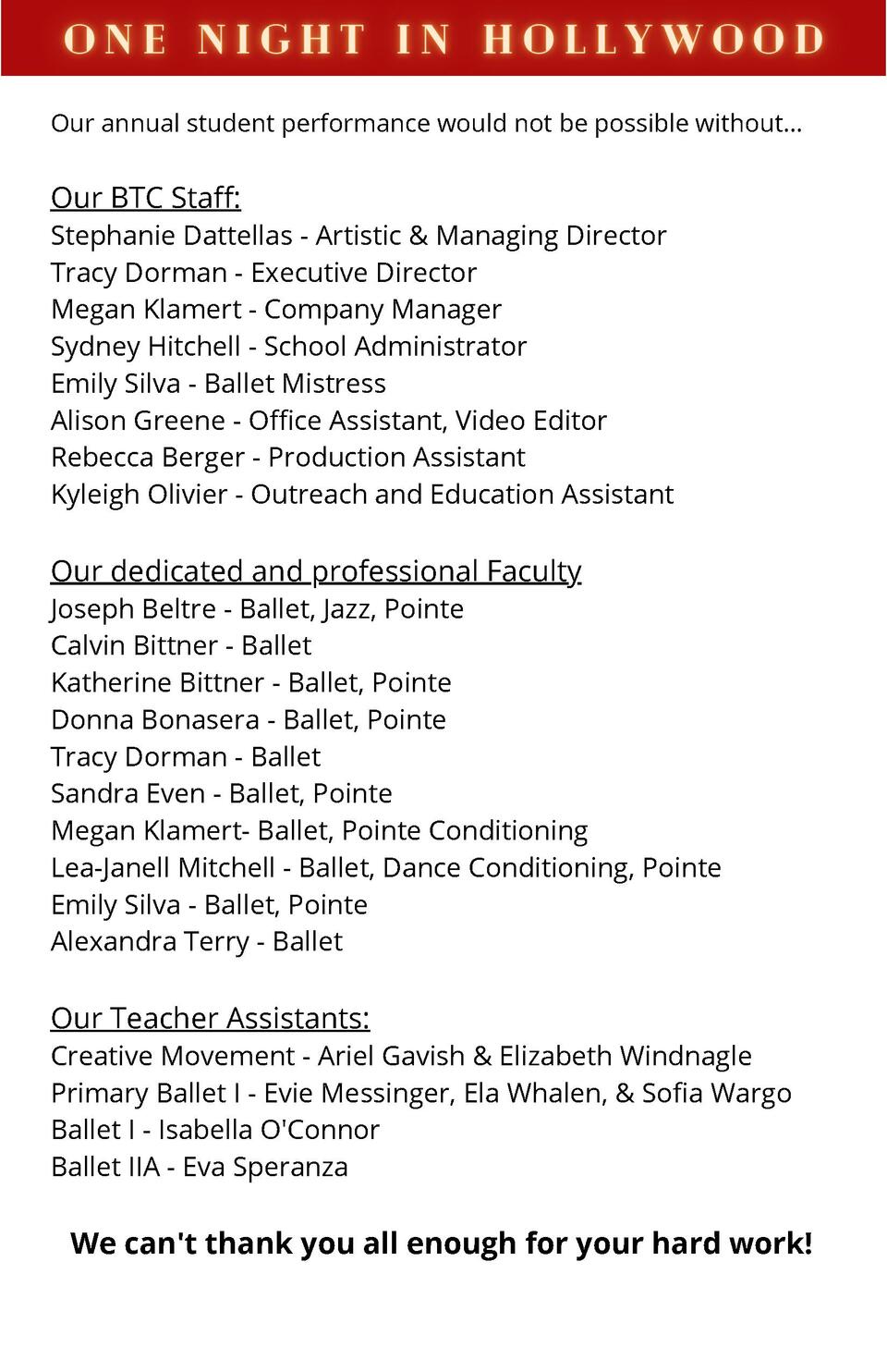 BTC Student Showcase 2021 Playbill: One Night in Hollywood