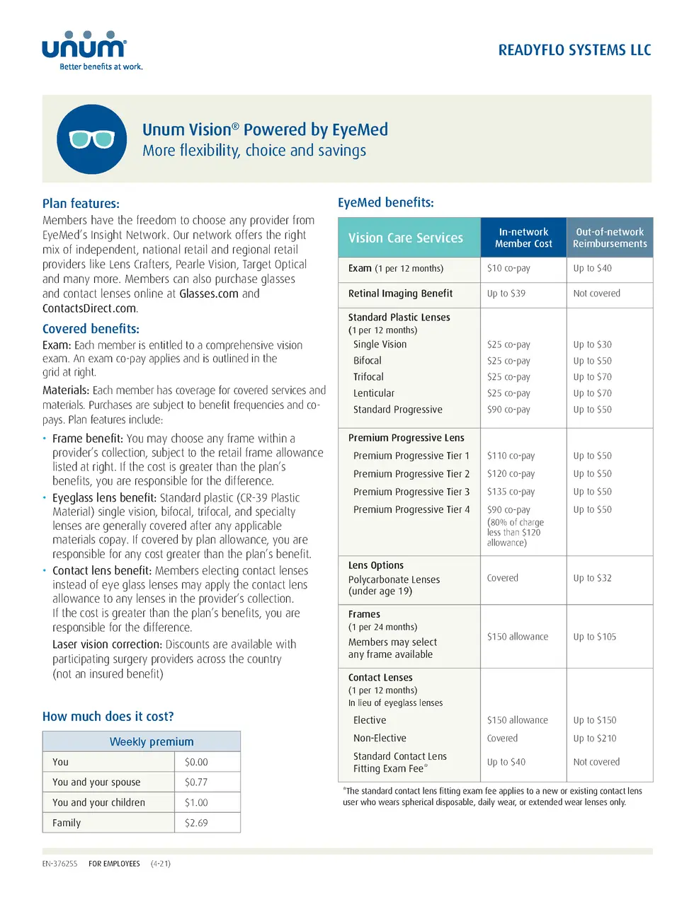 READYFLOSYSTEMSLLC  UnumVision  PoweredbyEyeMed Moreflexibility,choiceandsavings  Plan features   EyeMed benefits   Member...