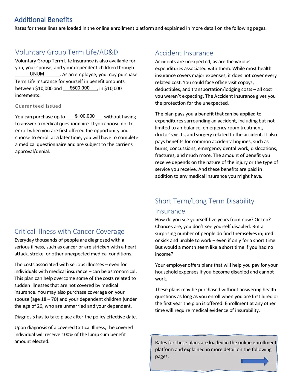 Rates for these lines are loaded in the online enrollment platform and explained in more detail on the following pages.  V...